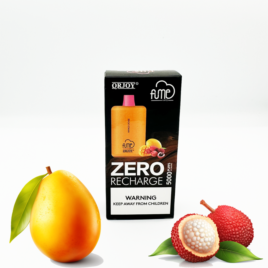 Fume recharge zero nicotine disposable vape mango lychee flavor with mangos and lychee fruit images surrounding the e-cig