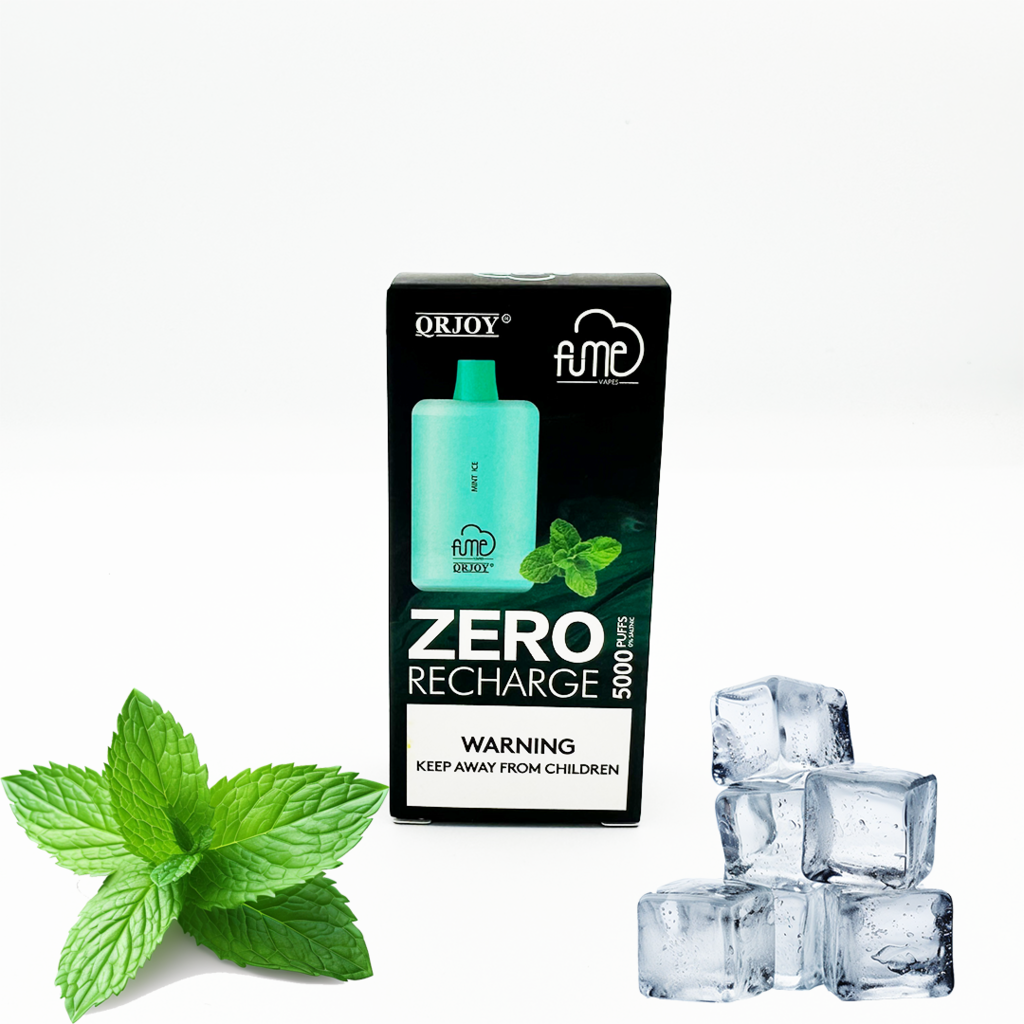 Fume recharge zero nicotine disposable vape mint ice flavor with a mint leaf and ice cubes surrounding the box