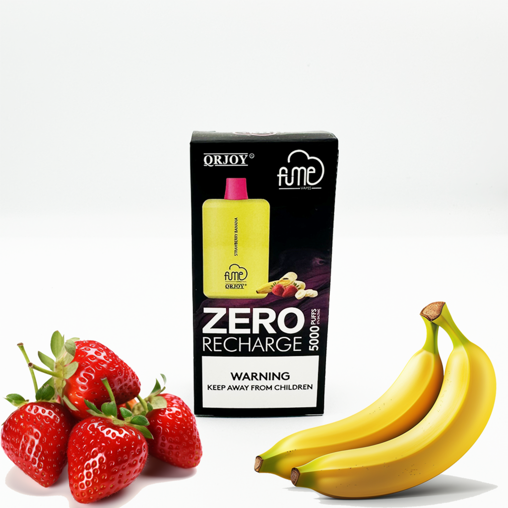 Fume recharge non nicotine disposable vape strawberry banana flavor with strawberries and bananas surrounding the e-cigarette