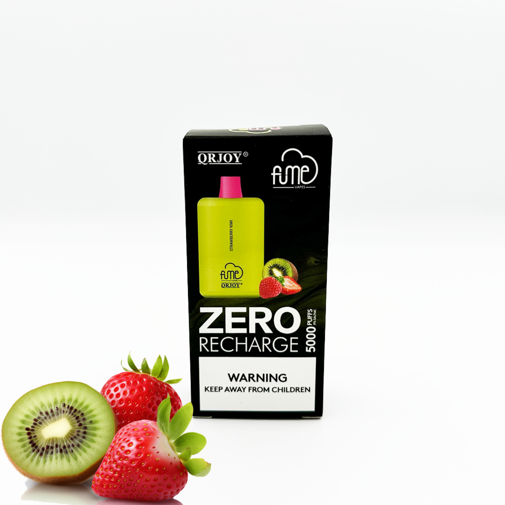 Fume recharge no nicotine disposable vape strawberry kiwi flavor with strawberries and kiwis surrounding the e-cig package