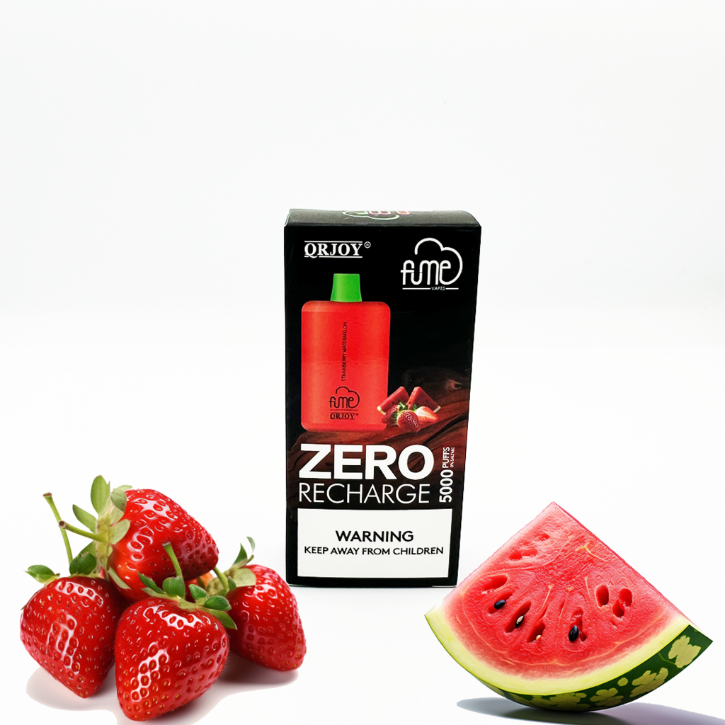 Fume recharge zero nicotine disposable vape strawberry watermelon flavor with strawberries and watermelon surrounding the e-cig