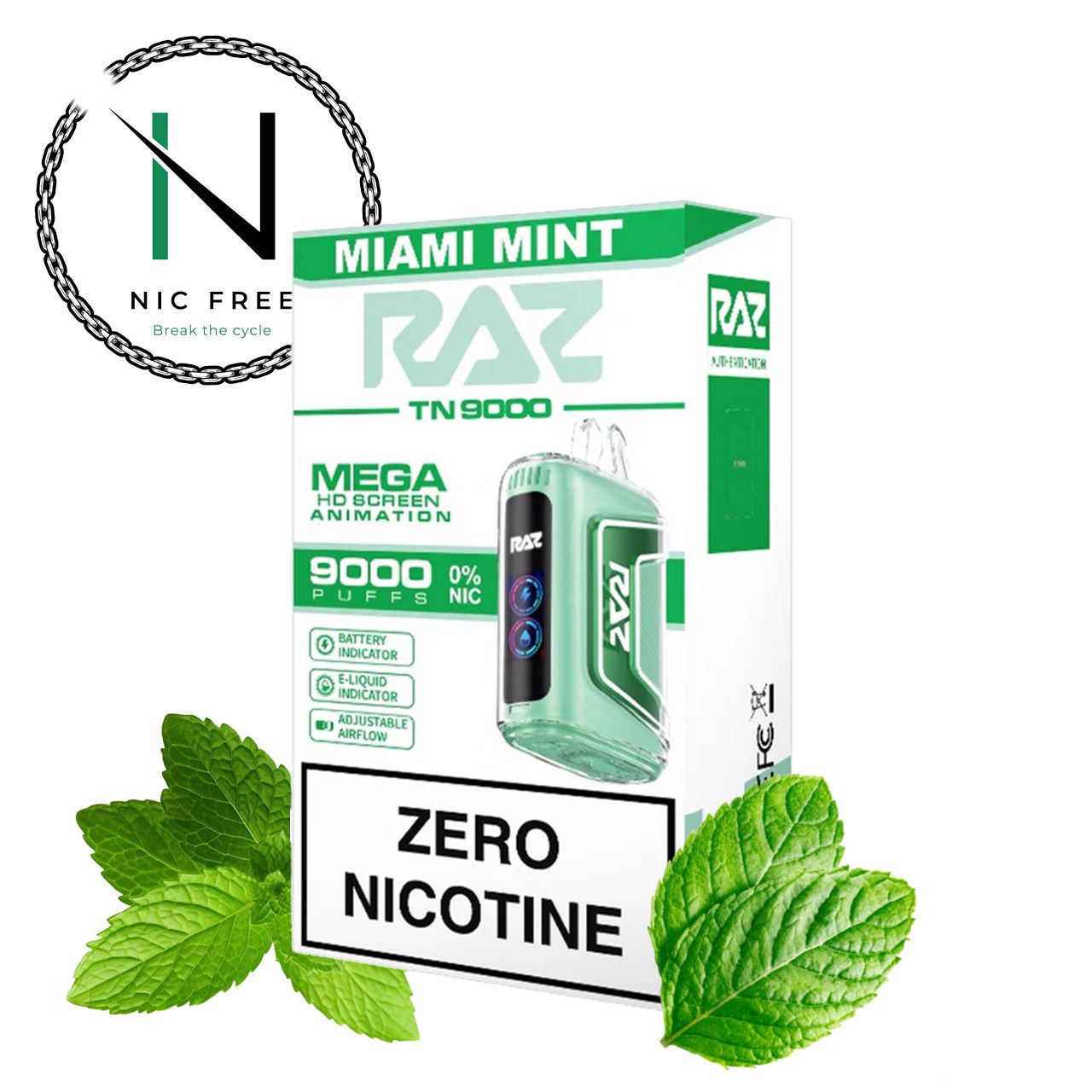 RAZ TN9000 Miami Mint 0 nicotine pre-filled vape pen with pictures of mint leaves and the Nic Free Vape Pens logo