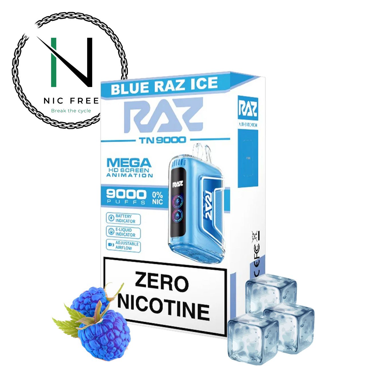 RAZ TN9000 No Nicotine Disposable E-Cigarette blue raz ice flavor in package surrounded by blueberries and ice with the Nic Free Vape Pens logo on the top left