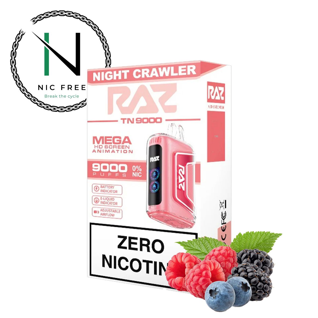 RAZ TN9000 zero nicotine disposable vaporizer Night Crawler flavor next to red raspberries, black raspberries and blueberries