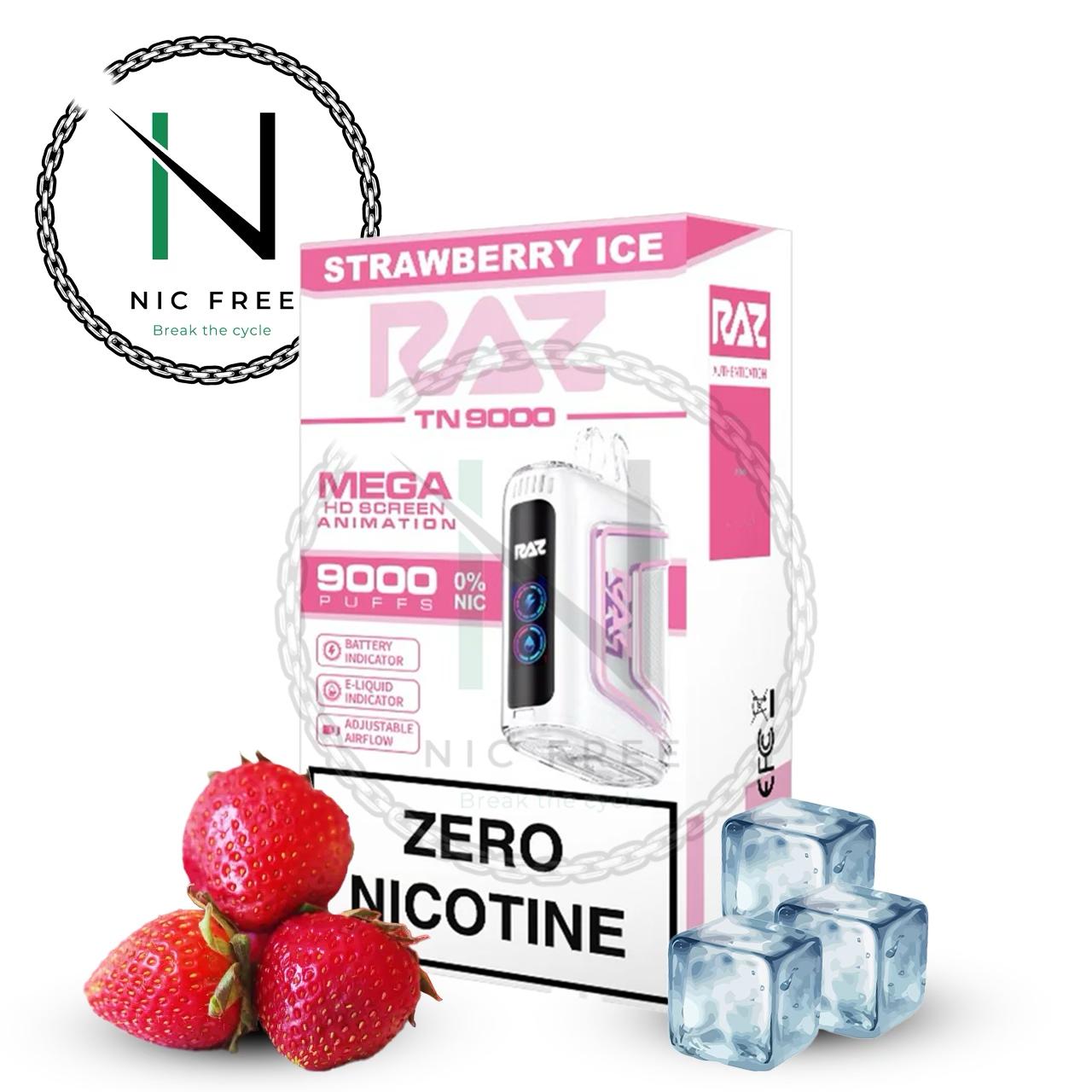 RAZ TN9000 strawberry ice non nicotine disposable vaporizer in the pack surrounded by strawberries and ice