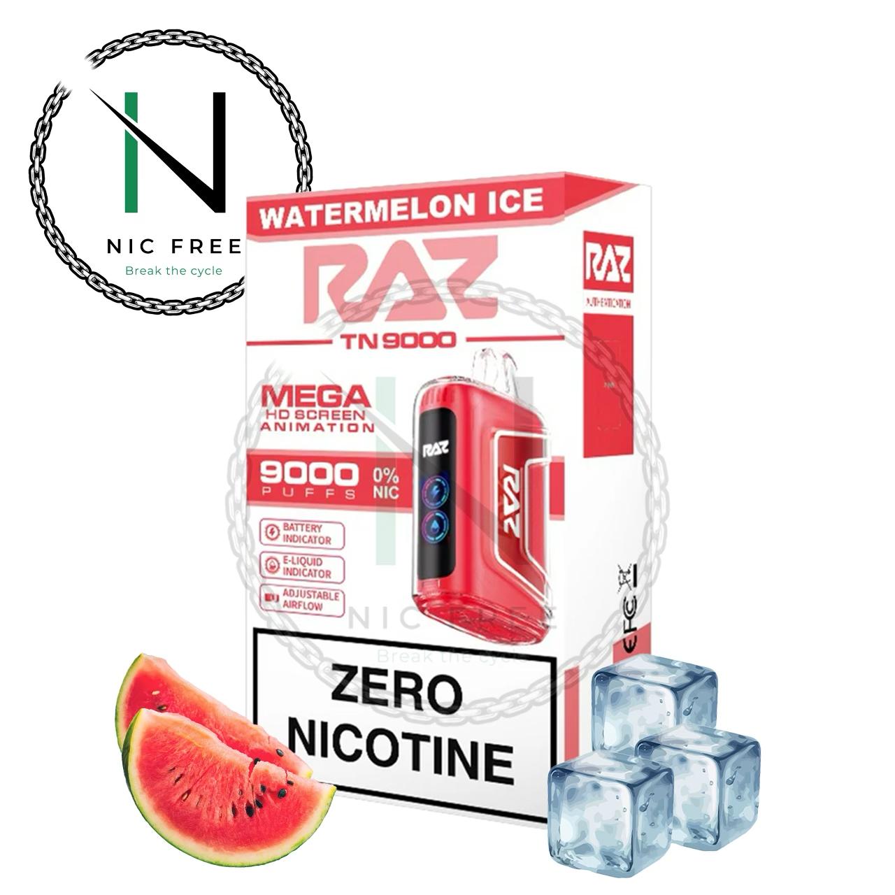 RAZ TN9000 Watermelon Ice Single-Use Non Nicotine Electronic Cigarette in package surrounded by watermelon and ice