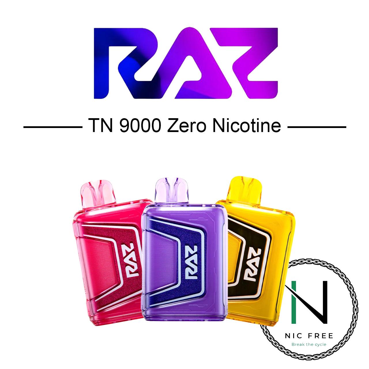 RAZ vape logo with an image of three TN9000 zero nicotine e-cig flavors and the Nic Free Vape Pens logo on the bottom right