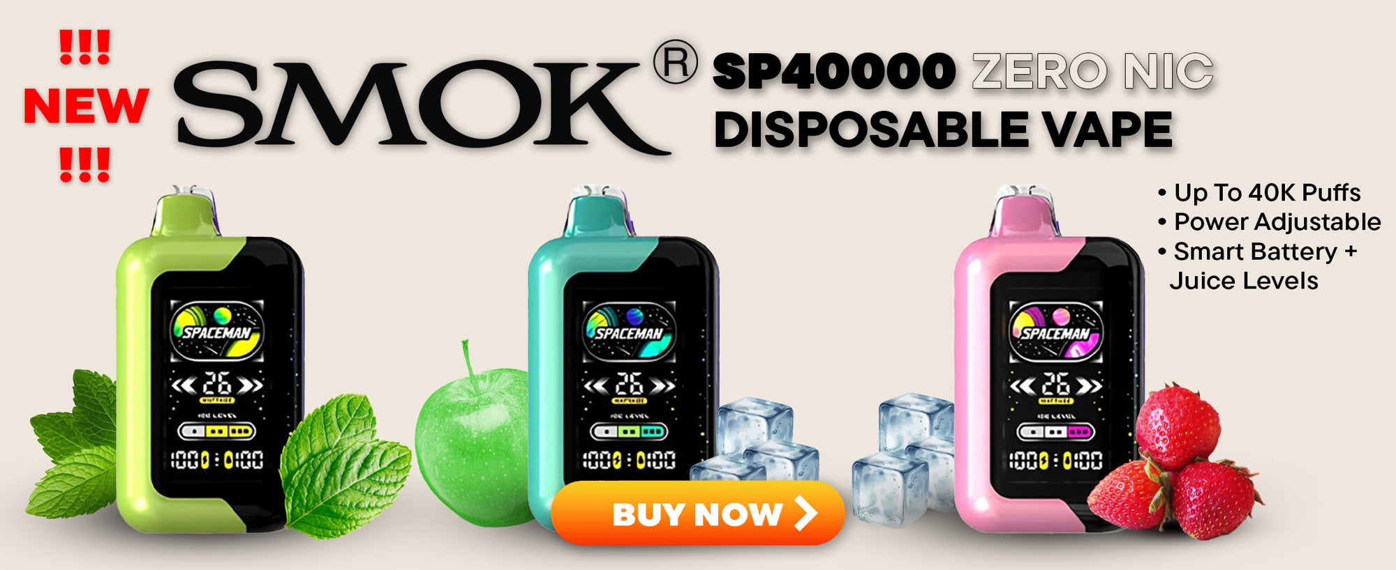 Smok SP40000 disposable vape product releas banner showing 3 devices and key features