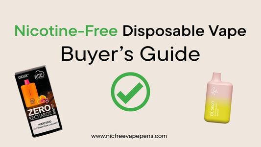 Underneath the where to buy non nicotine vapes text is a green question mark surrounded by a Fume zero nicotine e-cig device and an EB Create Elf Bar nicotine free disposable  