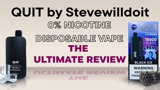 Steve Will Do It Cuvie Glaze e-cigarette review with the device, outer package, fruit, and ice surrounding the text.