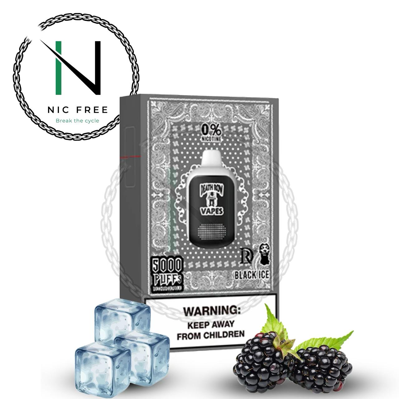 Death Row Vapes zero nicotine  disposable vape black ice flavor in package surrounded by blackberries and fruit. The Nic Free Vape Pen logo is hovering above the Snoop Dogg inspired e-cigarette.