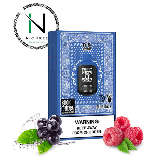 Death Row Vapes QR5000 no nicotine disposable e-cigarette blue razz flavor in package surrounded by raspberries, blueberries, and the NIC Free logo