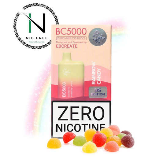 Authentic 0% Nicotine Elf Bar Vape Rainbow Candy flavor in the package. Elf Bar is now called EB Create in America due to trademark issues. There is a rainbow in the background and gummies on the bottom. The Nic Free Vape Pens logo is on the top left. The logo includes text that reads “break the cycle” 