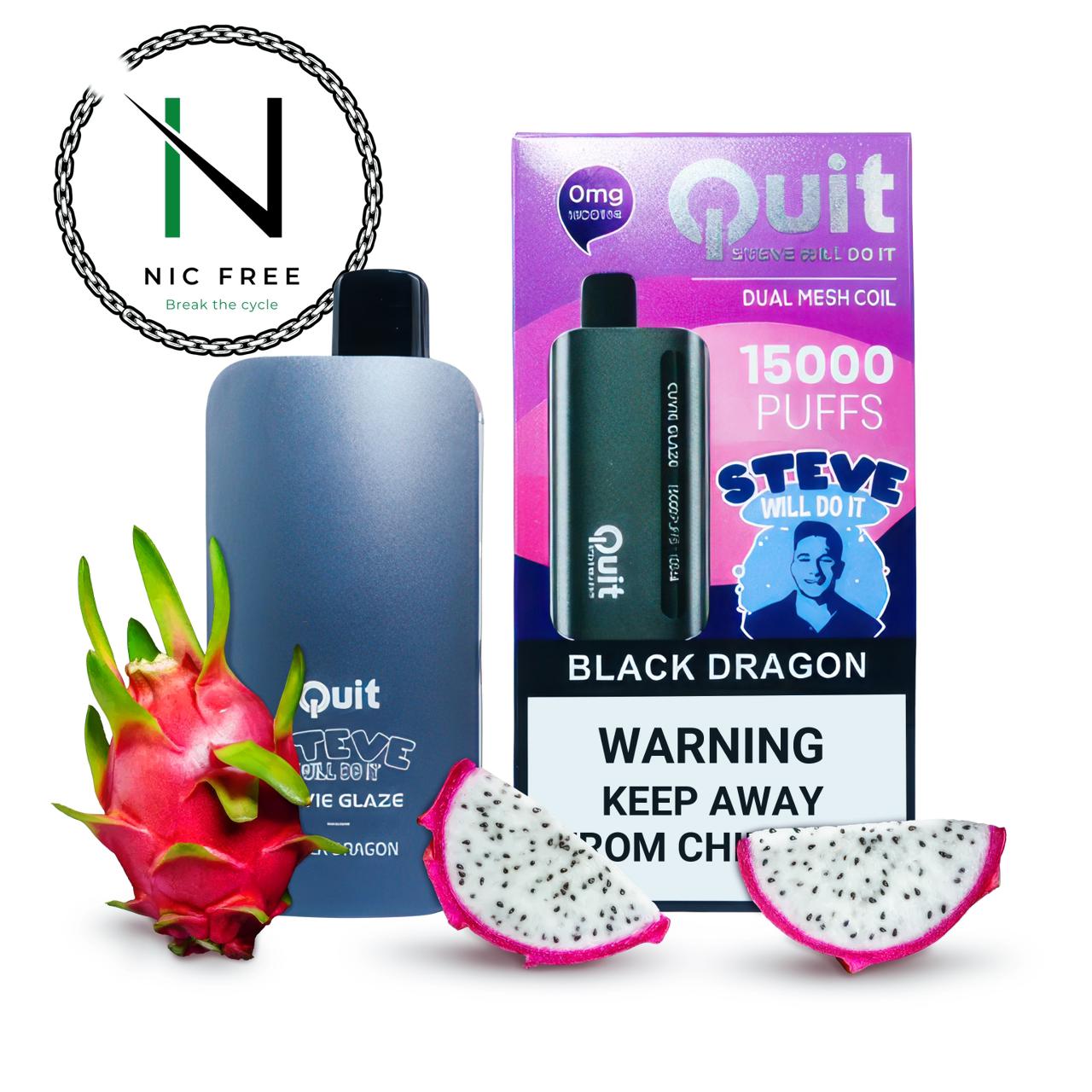 QUIT Steve Will Do It Disposable E-Cigarette Black Dragon Flavor with dragon fruit and the Nic Free Vape Pens logo