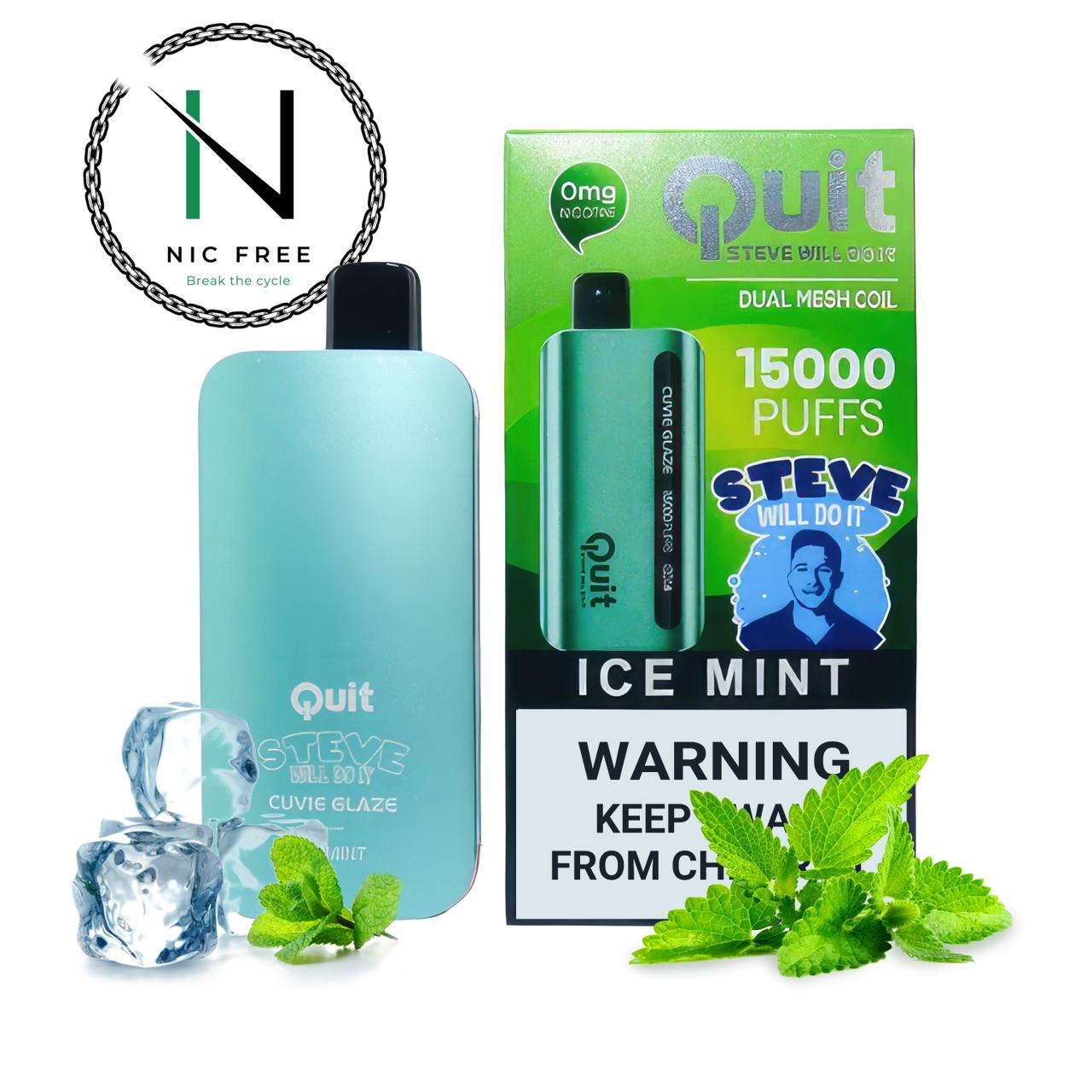 QUIT Steve Will Do It Vape Ice Mint flavor pre-filled in HQD Cuvie Glaze e-cigarette surrounded by ice and mint leaves