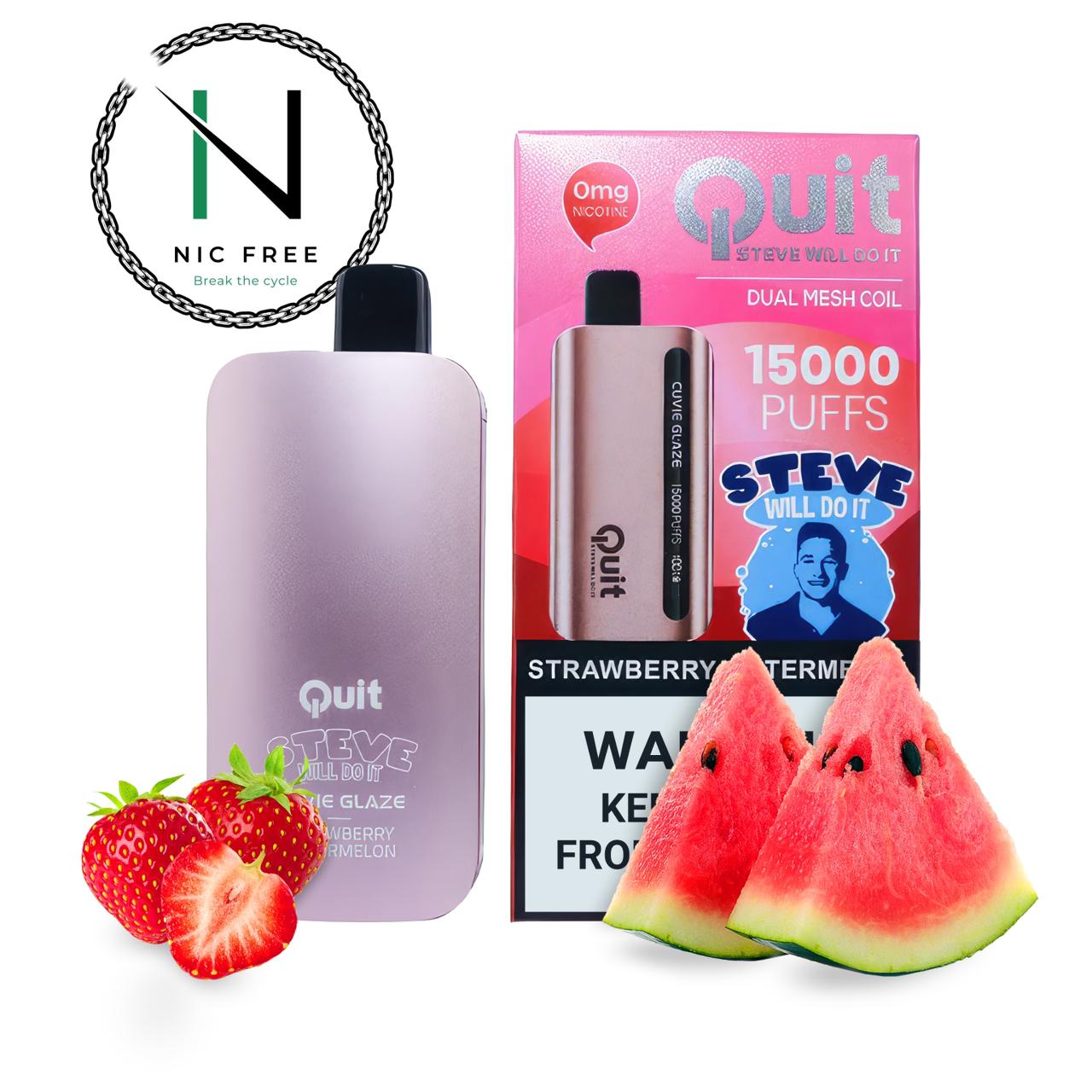 QUIT Steve Will Do It vaporizer strawberry watermelon flavor infused in HQD Cuvie Glaze e-cig surrounded by strawberries and watermelon