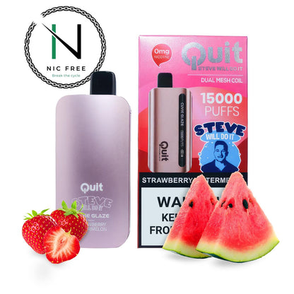 QUIT Steve Will Do It vaporizer strawberry watermelon flavor infused in HQD Cuvie Glaze e-cig surrounded by strawberries and watermelon