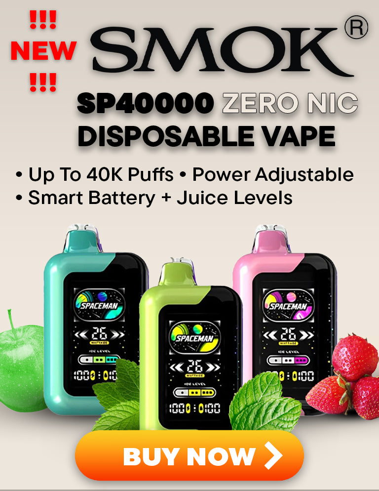 Smok SP40k Zero Nic disposable release banner for mobile displaying 3 devices, key features, and a buy now button