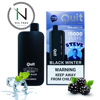 Steve Will Do It 0mg Disposable E-Cigarette Black Winter flavor surrounded by blackberries, mint leaves and ice