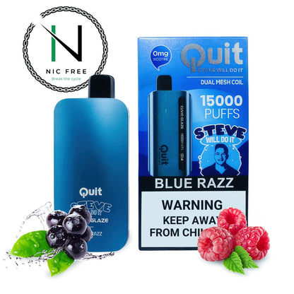 QUIT Steve Will Do It 0% Disposable E-Cigarette Blue Razz Flavor alongside blueberries, red raspberries and the Nic Free Vape Pens logo