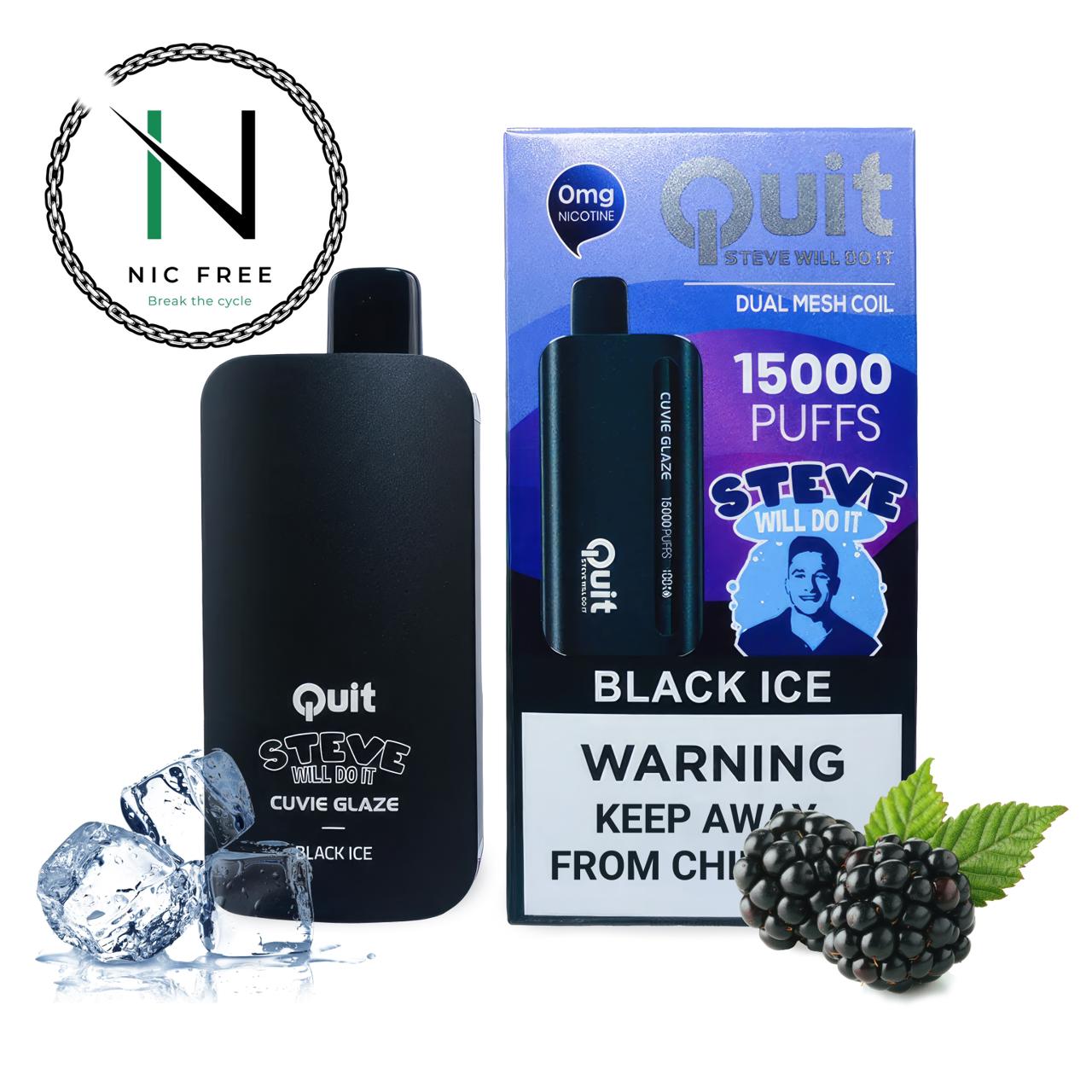 Steve Will Do It Disposable E-Cigarette Black Ice Flavor with blackberries, ice and the Nic Free Vape Pens logo